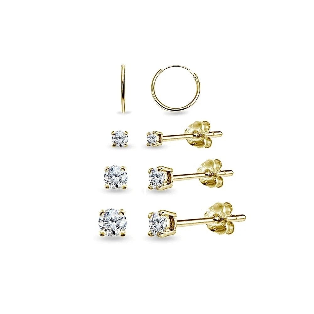 4 Pr Gold Flash Silver 10mm Endless Hoops & Round 2,3,4mm CZ Stud Earrings Set
