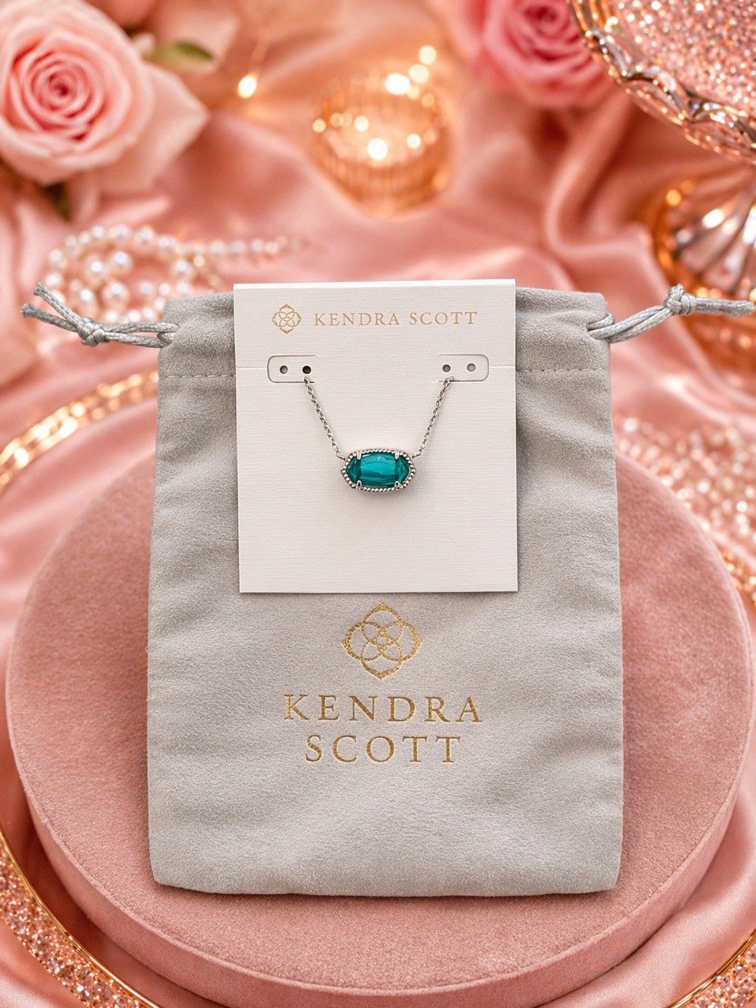 Kendra Scott Elisa Pendant Neckiace, Rhodium Plated, Emerald Cat’s Eye