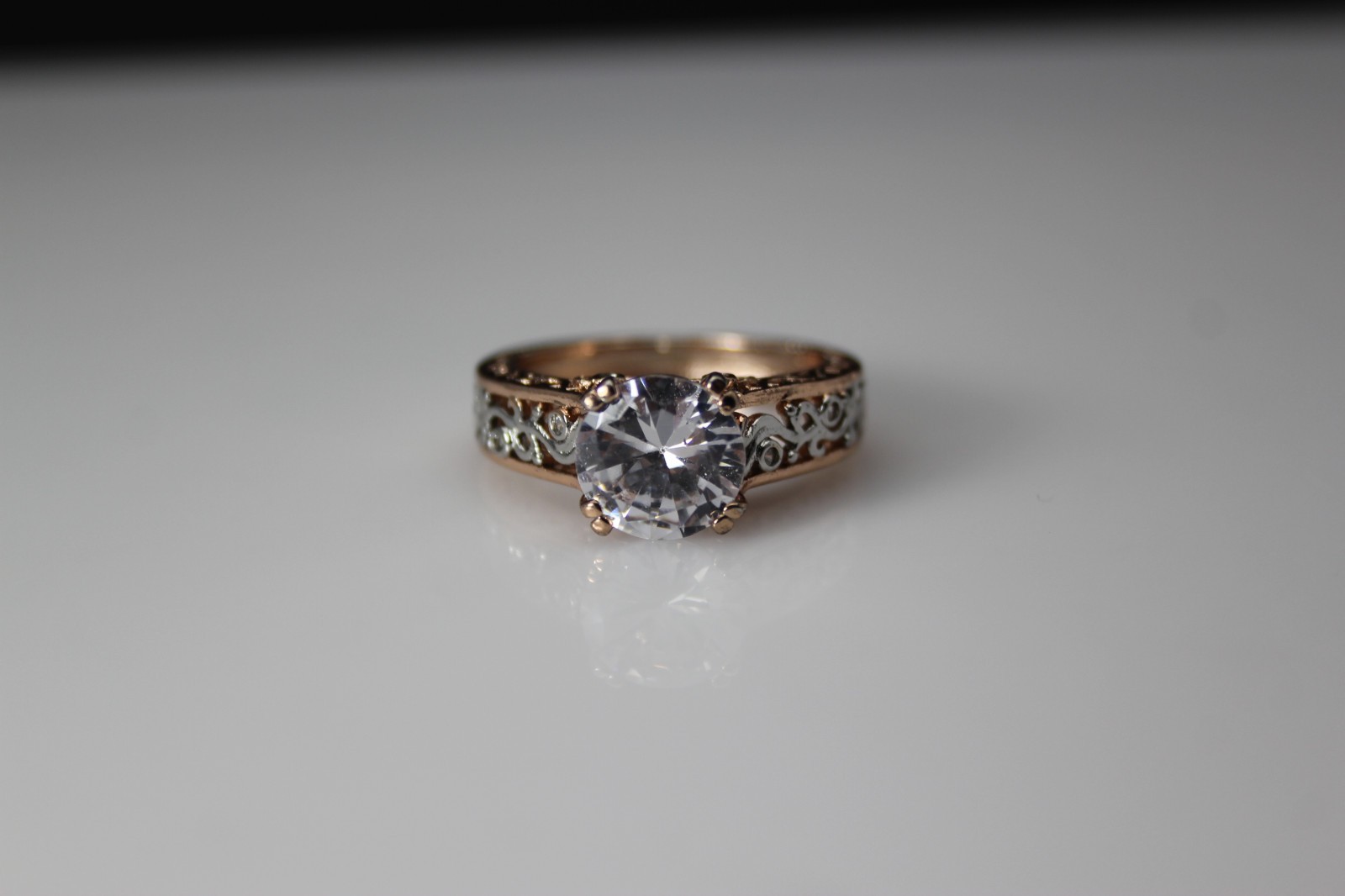 Rose Gold Plated Sterling CZ Filgree Design Size 10.25 Ring 5.8 Grams RIN9781