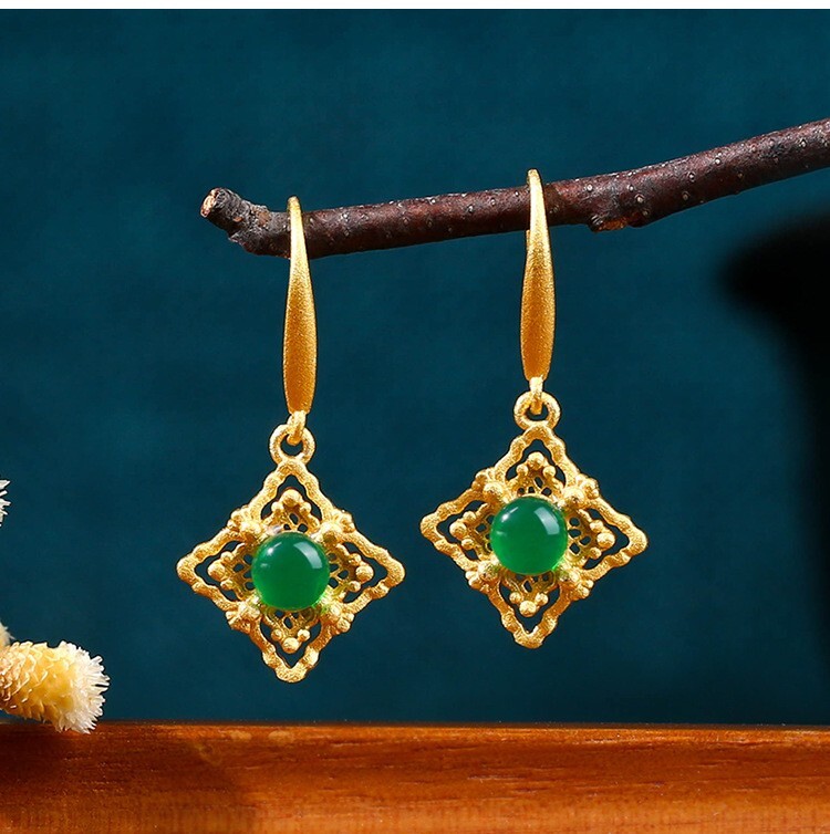 Green Jade Drop Dangle Earrings Hollow-carved Gemstone Ear Hook 18K Gold Plated