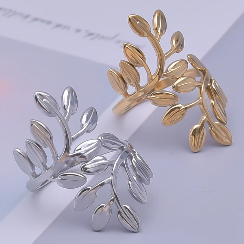 2PCS Stainless Steel Ring Leaf Water Droplet Adjustable Gold Plated Jewelry