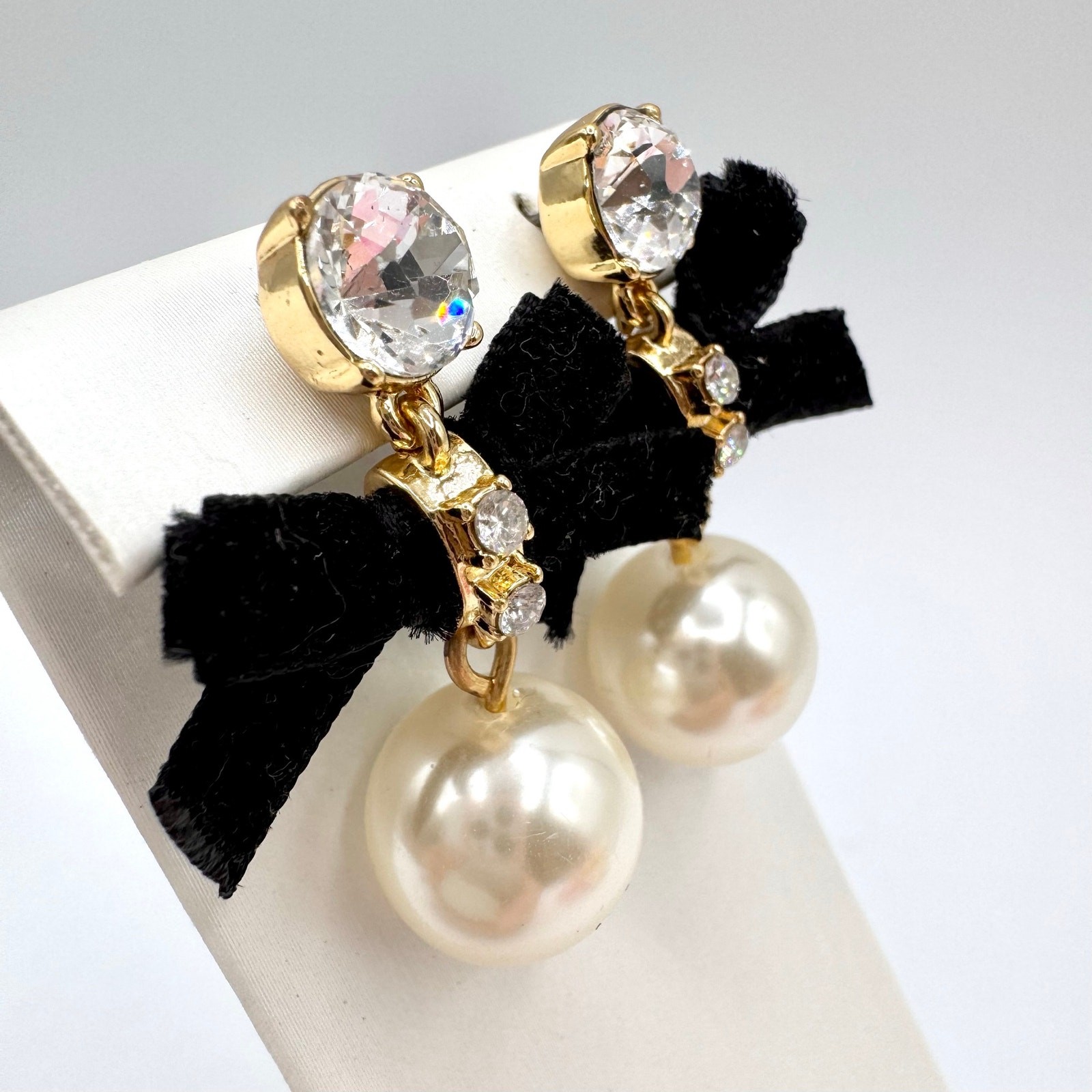 J.Crew Black Velvet Bow Faux Pearl Rhinestone Drop Earrings Black Tie Fancy Gala