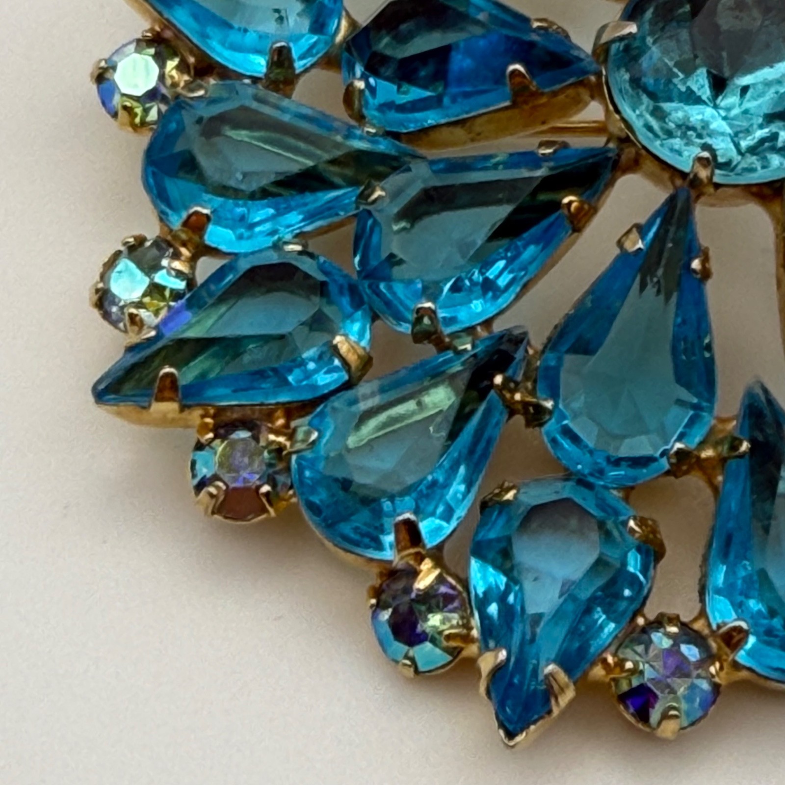 Vintage Aqua Blue Teardrop Rhinestone Wreath Brooch AB Crystal Statement Pin