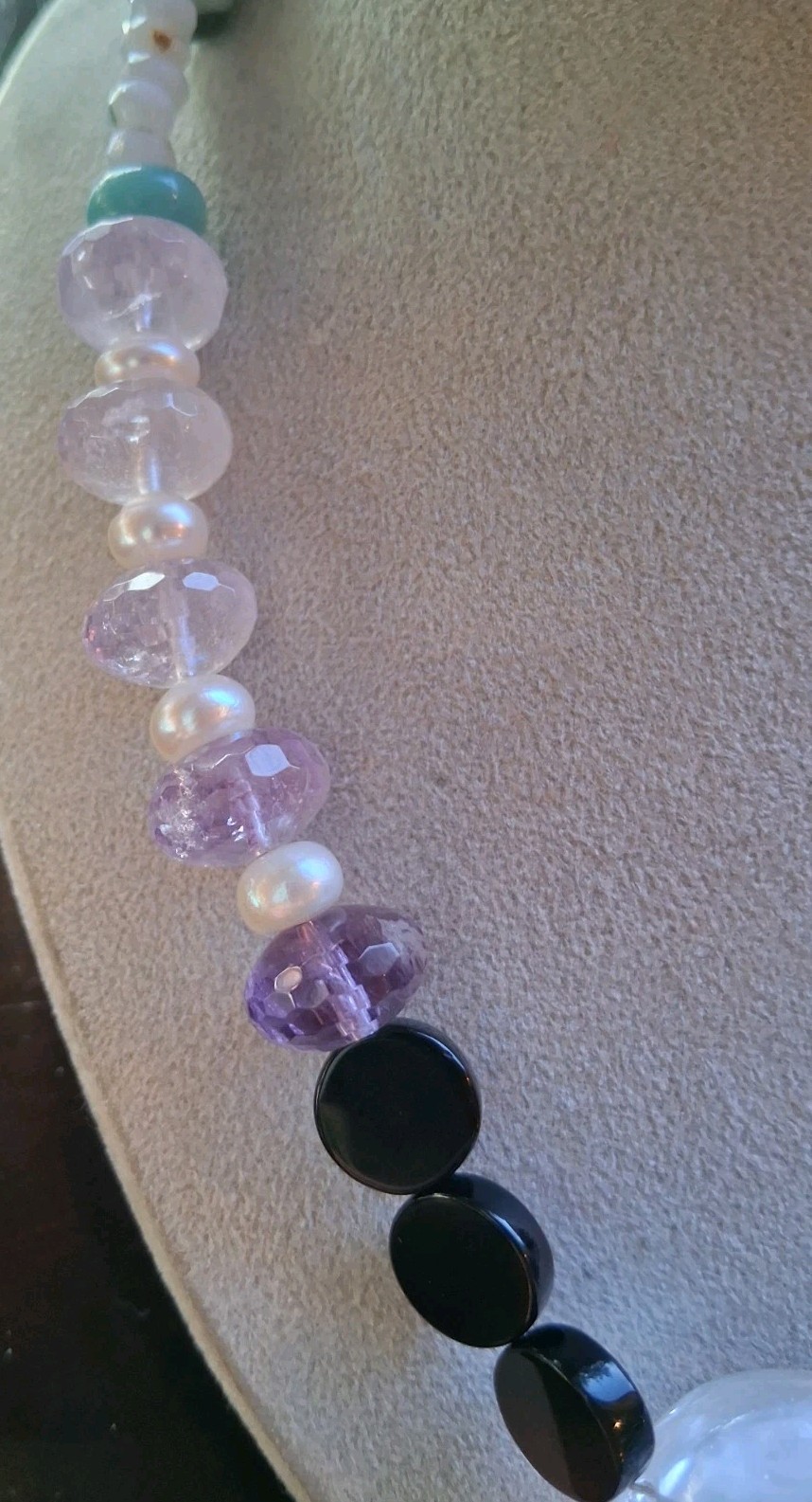 Rock Crystal Pendant, Amethyst, Peruvian Opal, Pearl, Artisan Gemstone Ncklc 18″