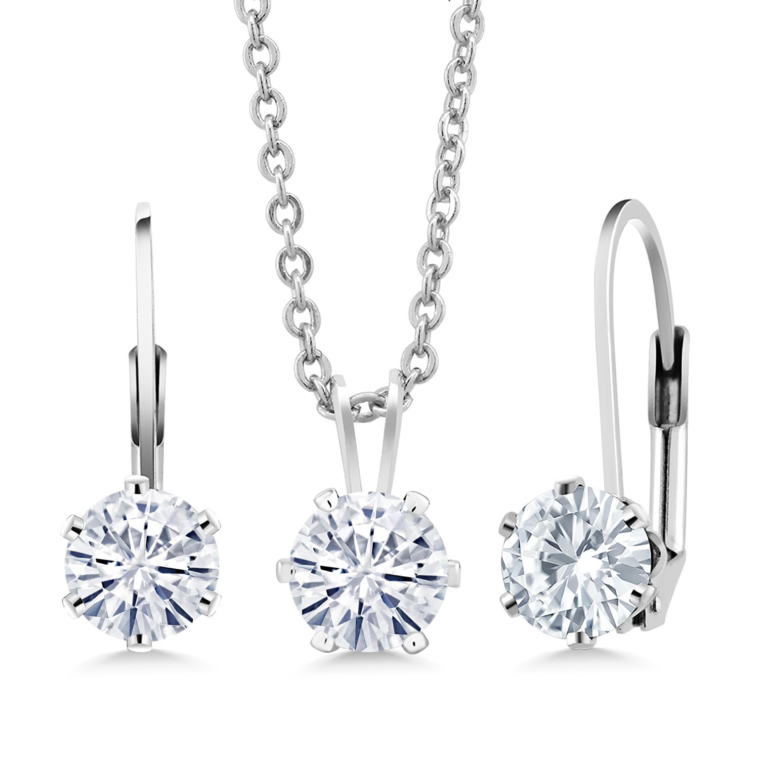 Brass Silver Plated Brass Pendant Earrings Set Round Moissanite (2.40 Cttw)