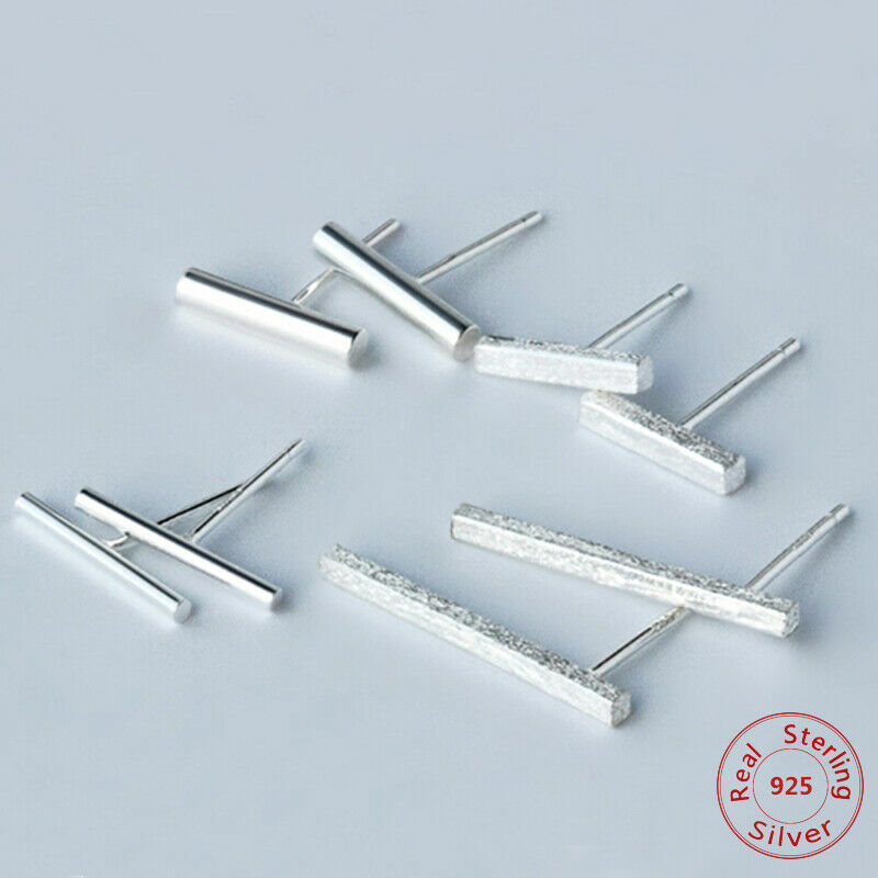 S925 Sterling Silver Bar Round Square Stick Line Stud Earrings Minimalist PE18