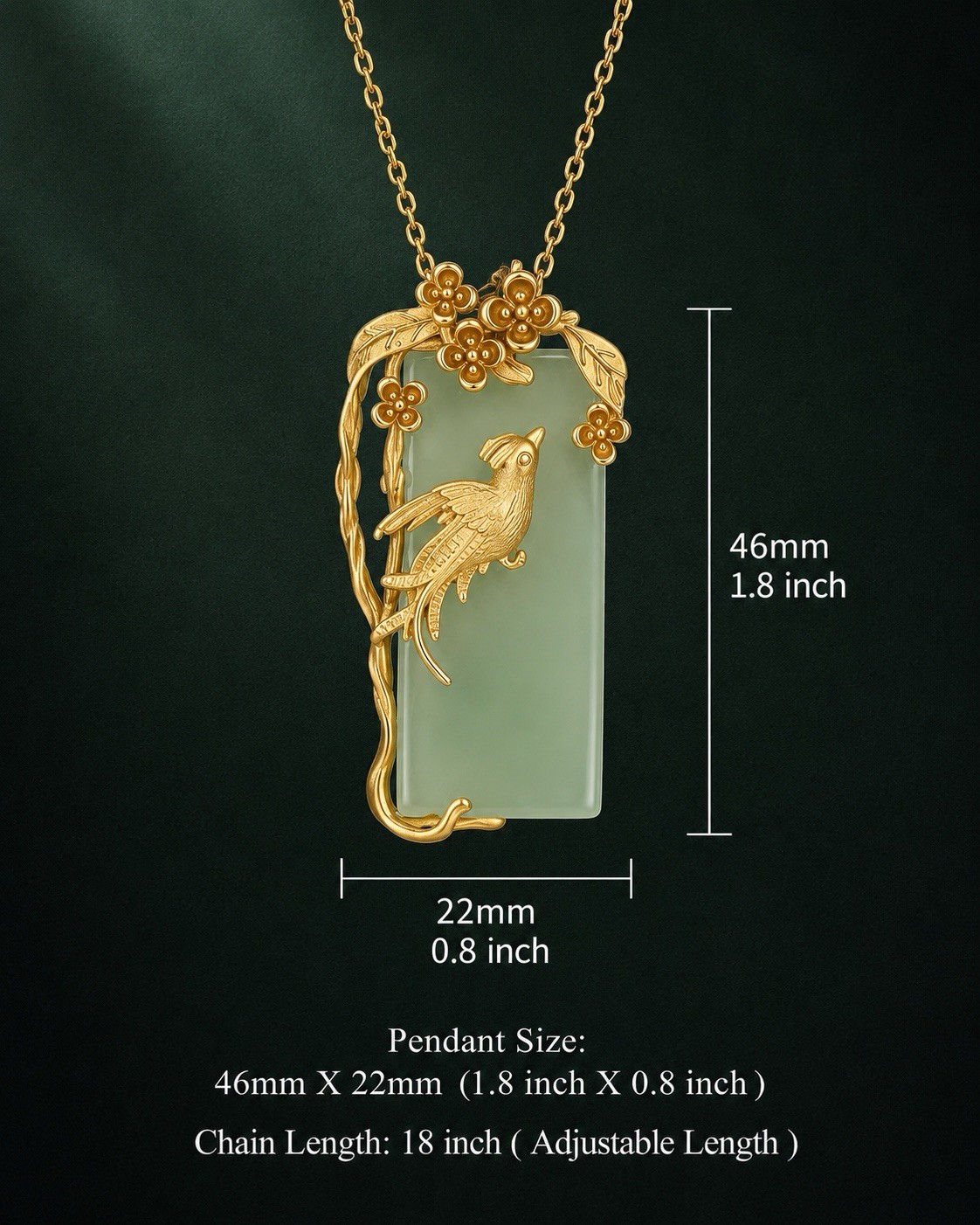 Jade Phoenix Bird Pendant Necklace 18K Gold Plated 18” Adjustable Chain Vintage