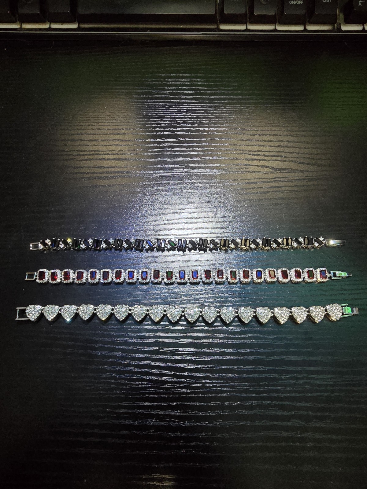 Silver Tone Tennis & Charm Bracelets Red Black Hearts Combo 8in braclet set