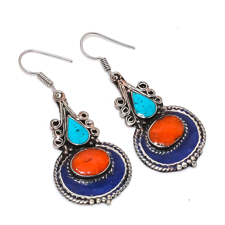 Coral Turquoise Lapis lazuli Earring Tibetan Vintage Nepali Jewelry 2.1″ NE 5316
