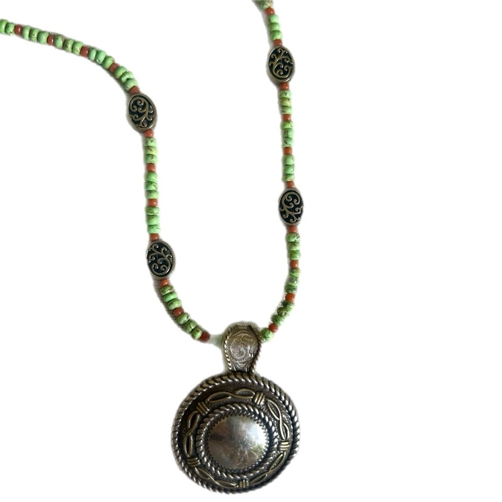 Handmade Salmon Coral Necklace Southwestern Silver Medallion Green Beaded Leathe