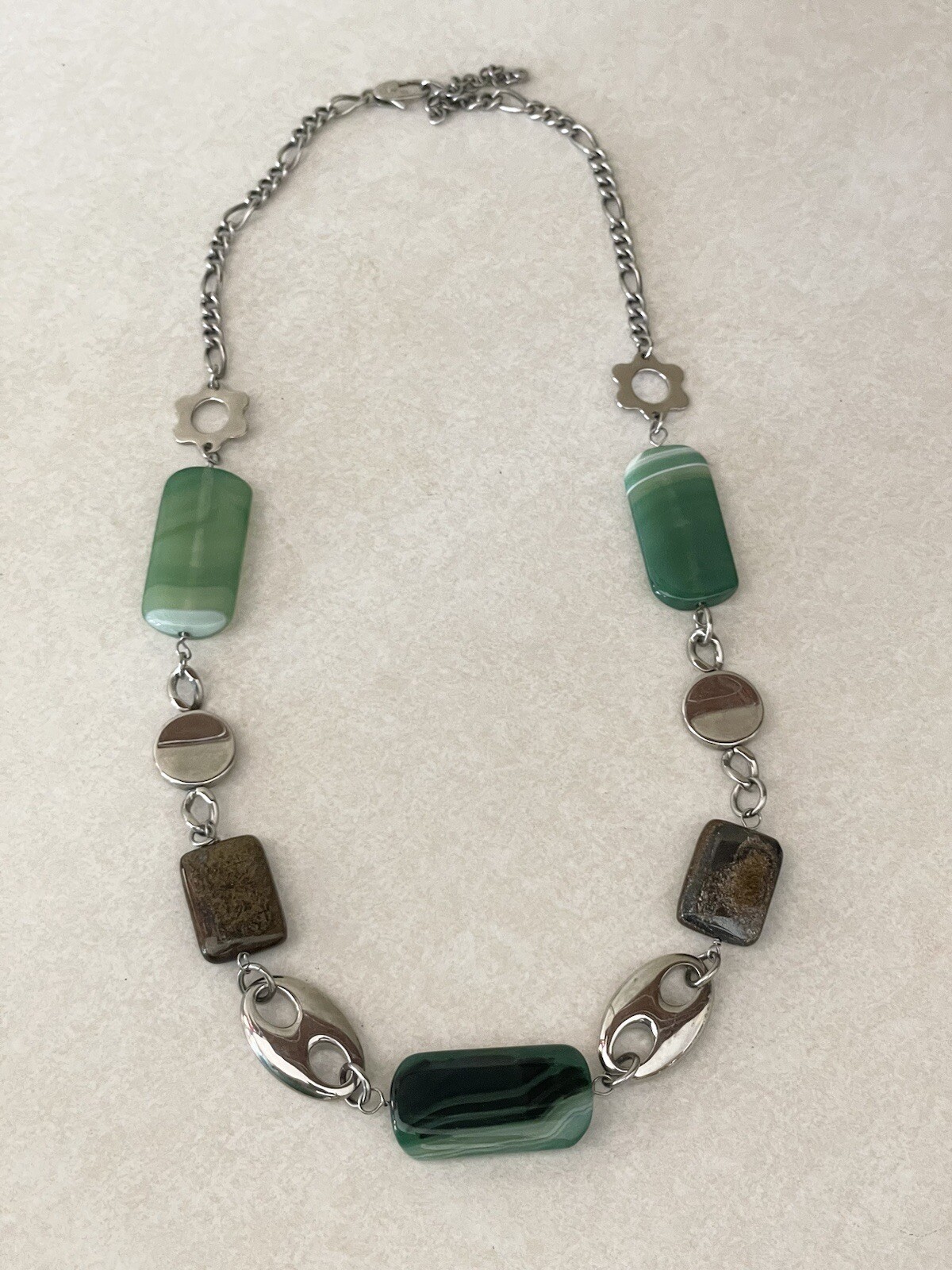 28″ Stainless Steel Green & Brown Stones Figaro Necklace W/ Artist’s Stamp