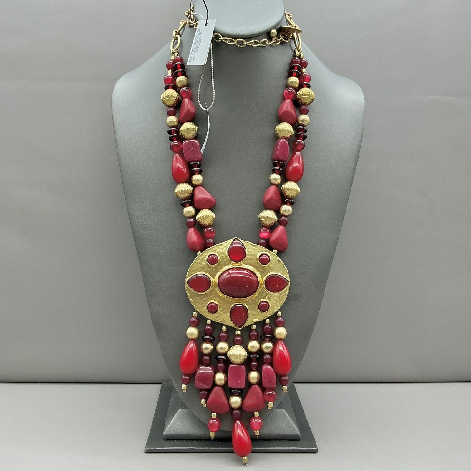 Chicos Necklace Womens Red Gold Tone Beaded Boho Statement Chunky 24-28 Inches