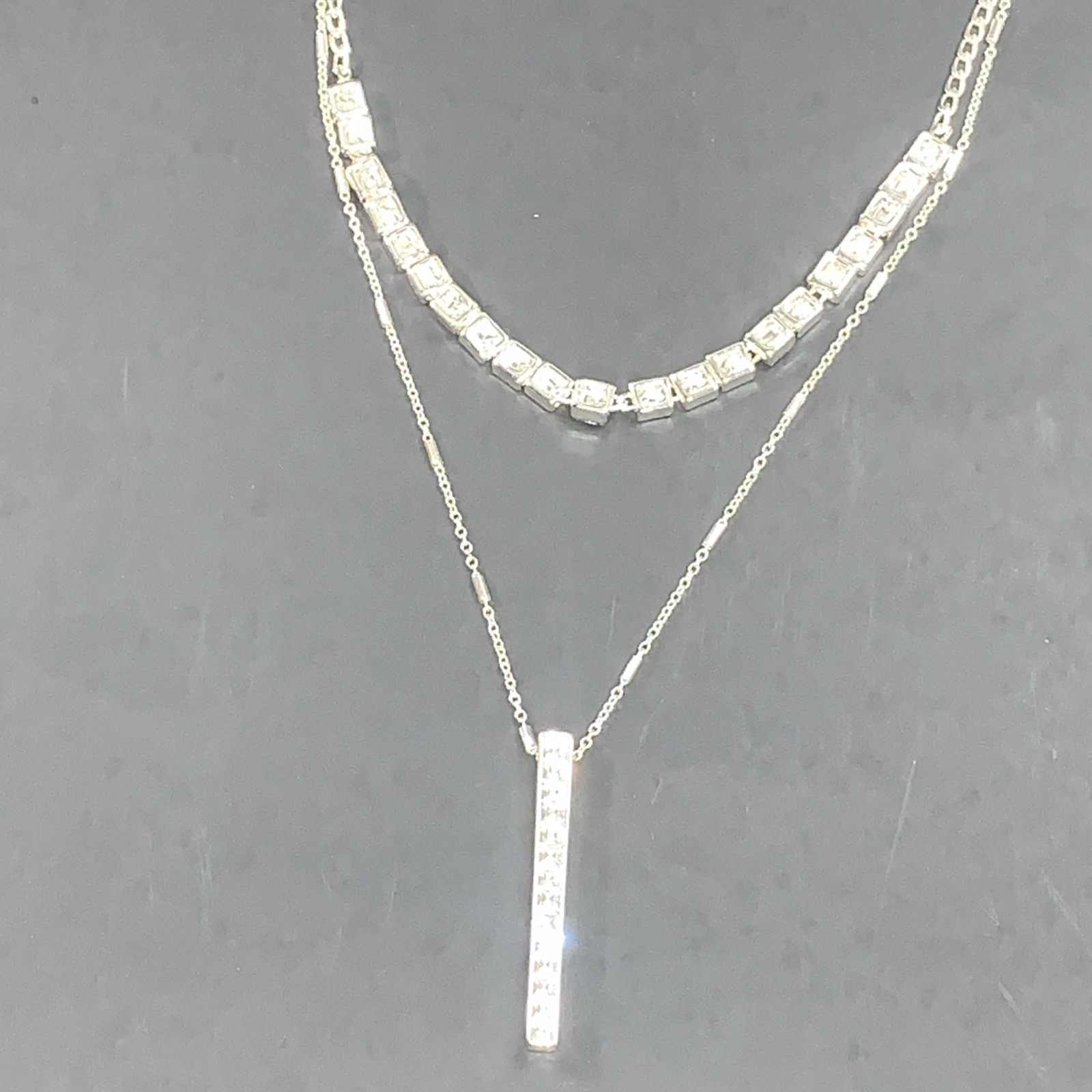 9West Crystal Square Links & Vertical Bar Pendant Layered Necklace Silver Tone
