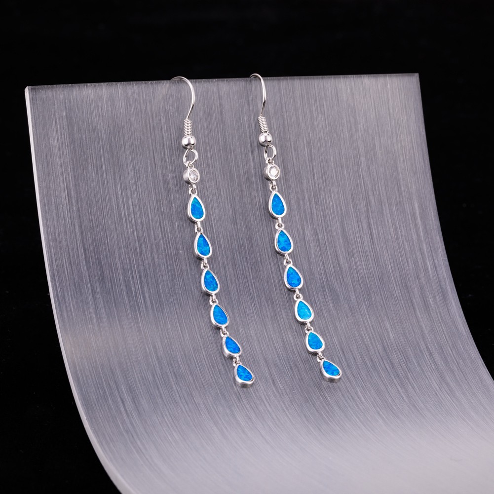 Multi Pear Shape Ocean Blue Fire Opal CZ Silver Jewelry Dangle Drop Earrings