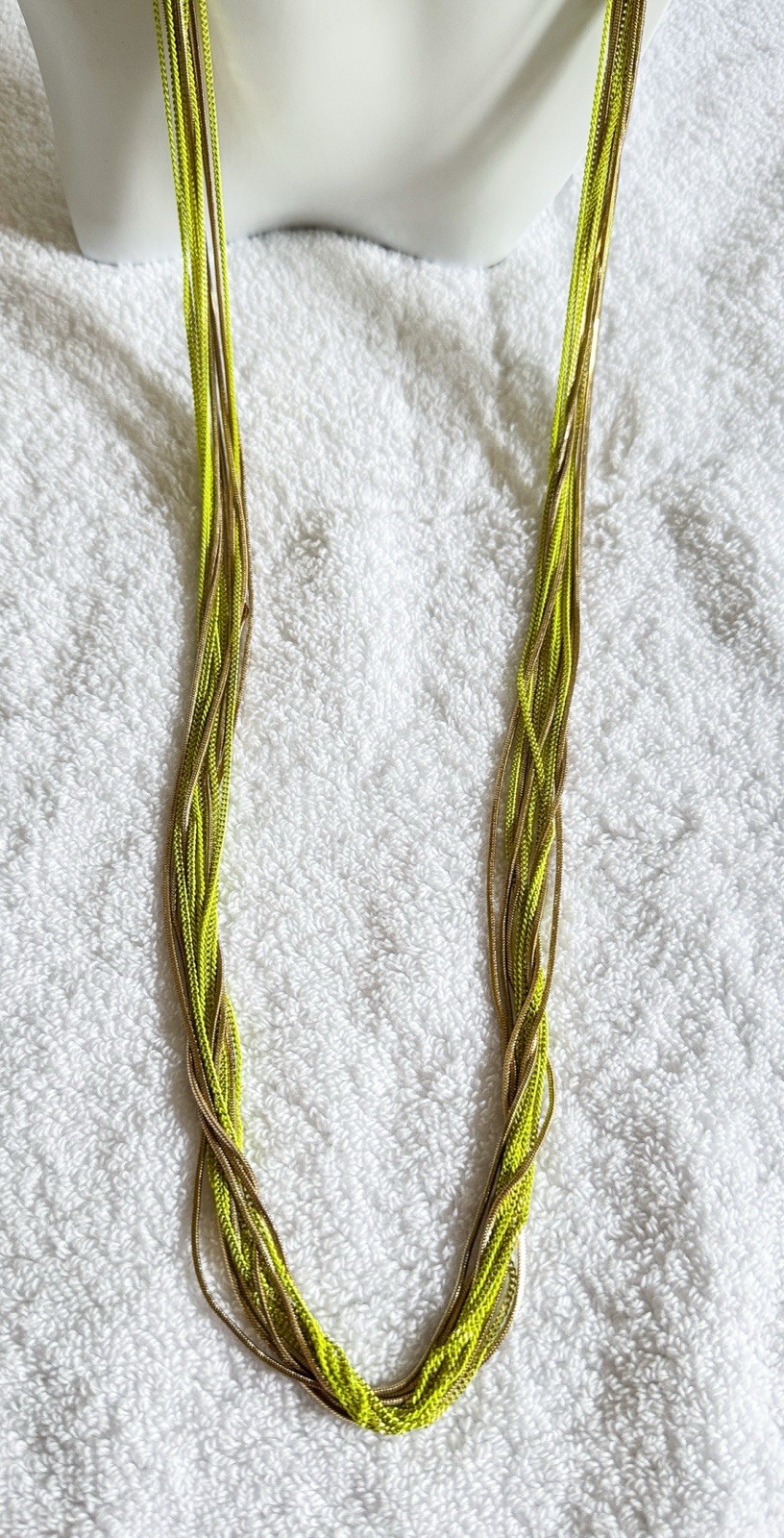 Gold Green Multi Chain Necklace by Cara NY. Lobster Claw Clasp 35”.