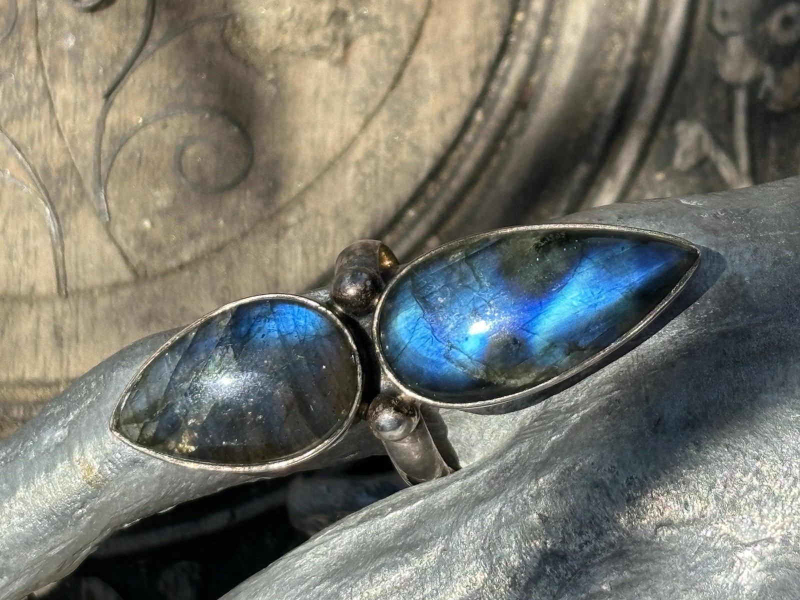 Double pear shaped labradorite gemstone silver ring size 9.25