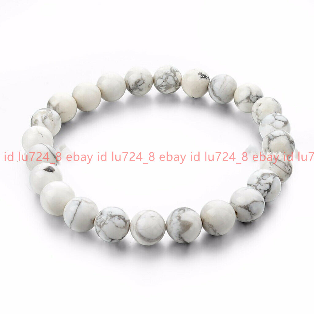 6/8/10/12mm Natural White Turquoise Round Gemstone Beads Elastic Bracelet 7.5”