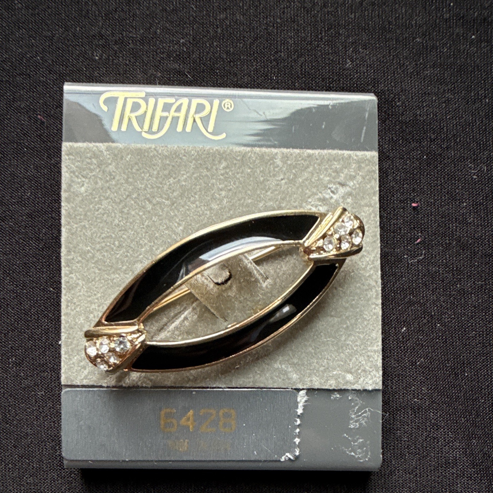 Vintage Trifari Signed Gold Tone Black Enamel Oval Brooch Pin w/ Rhinestones