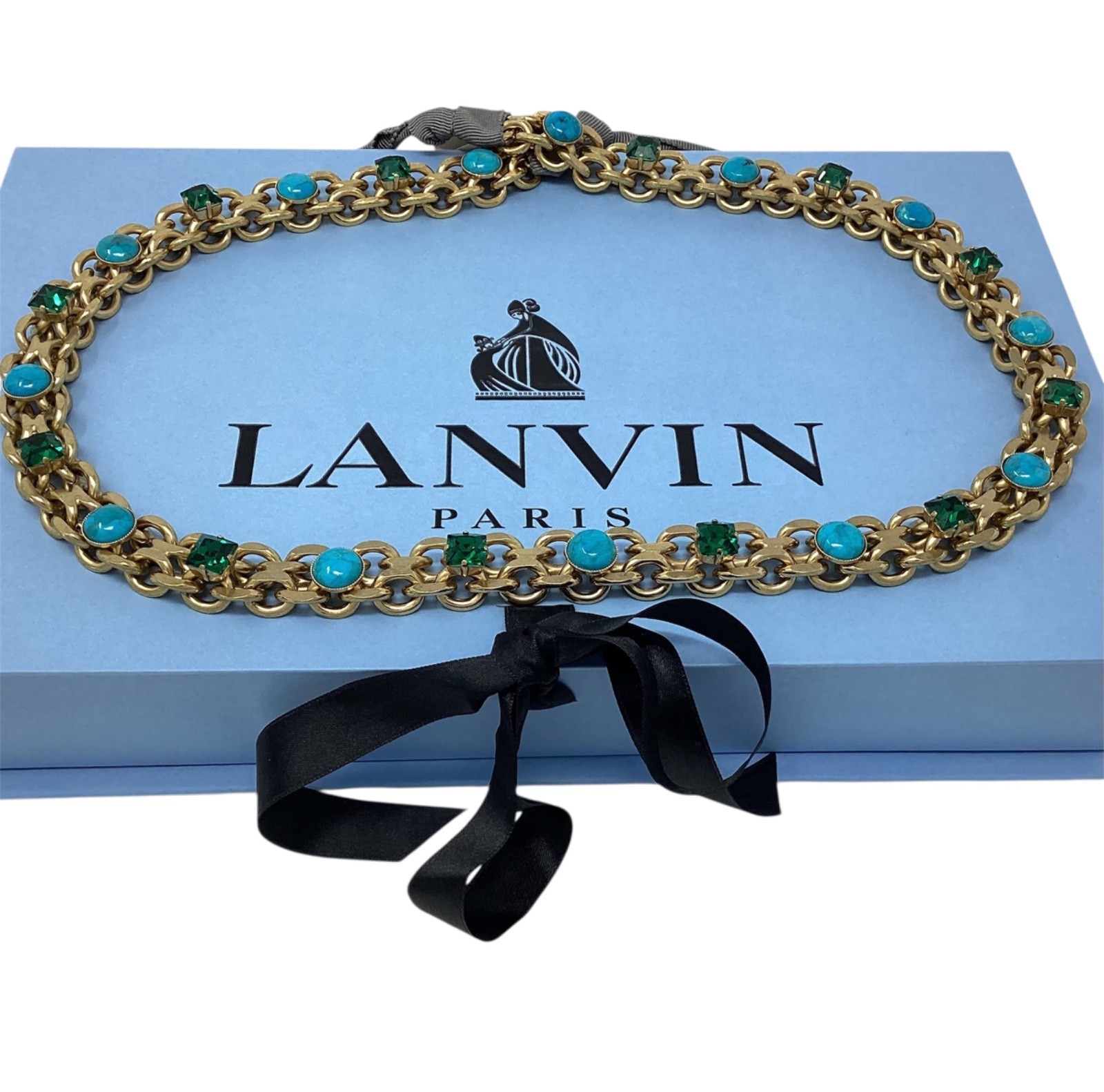 Lanvin Paris Long Necklace / Belt Gold-Tone Turquoise & Green Crystal New + Box