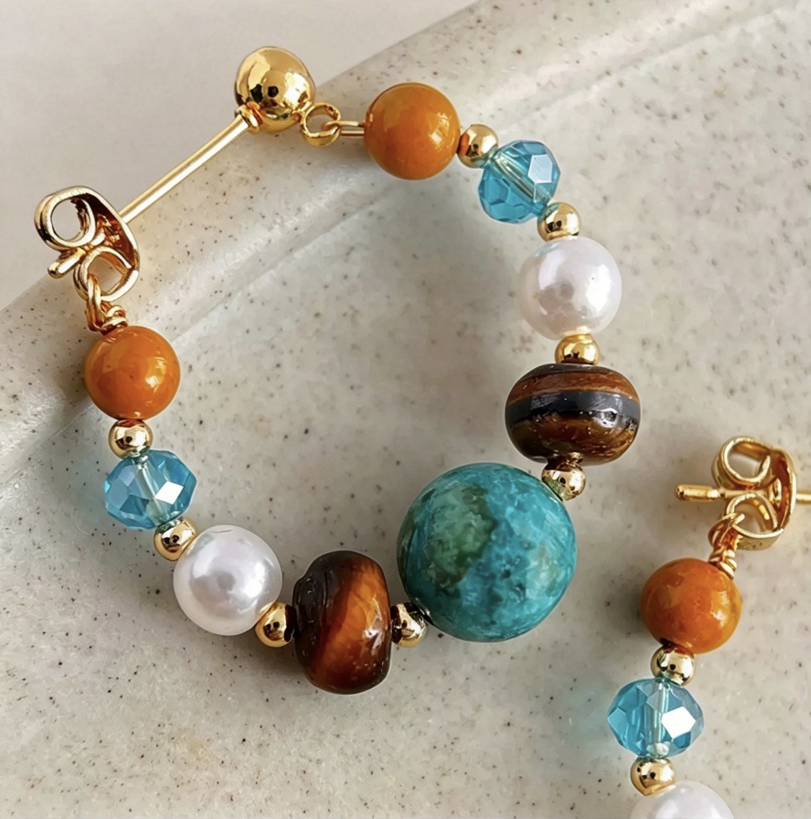 Handmade Natural Turquoise Tiger Eye Hoop Earrings, 925 Silver Post