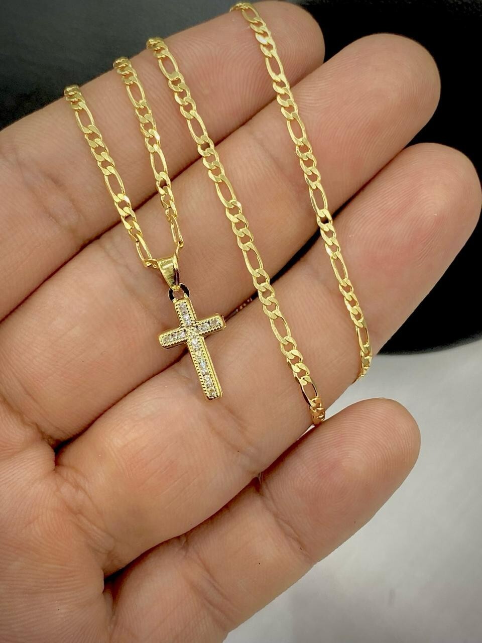 14K Gold Filled Tiny CZ Cross Pendant Necklace Womens 17x10mm Figaro Crucifix