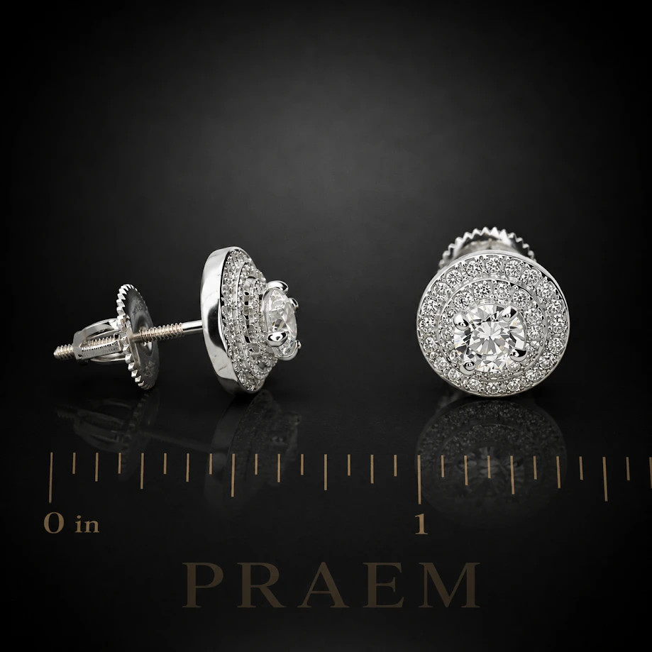 PRAEM Silver Plated Iced CZ 8mm Round Screw Back Stud Earrings Hip Hop Bling