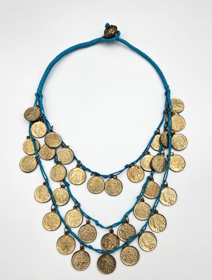 Nordstrom Boho Coin Bib Necklace Turquoise Blue Cord Antique Gold Tiered Gypsy