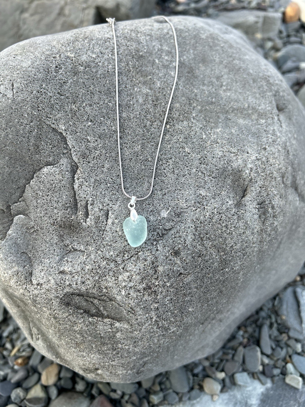 Genuine Pale Blue Sea Glass Necklace Stainless Steel 18 Inch