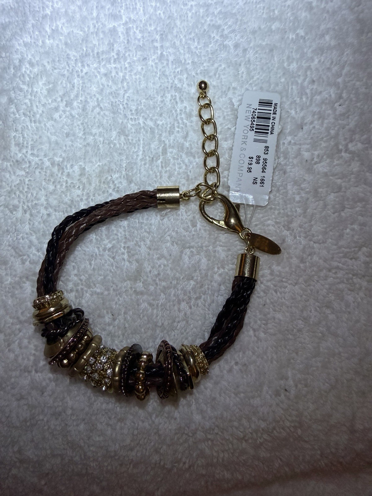 New York & Company Faux Leather Bead Charm Bracelet Gold Brown Black Lobster