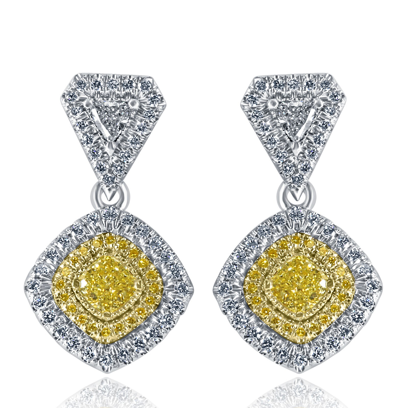 Drop Dangle Earrings 1.62 TCW Cushion Trillion Yellow Diamond 14k White Gold