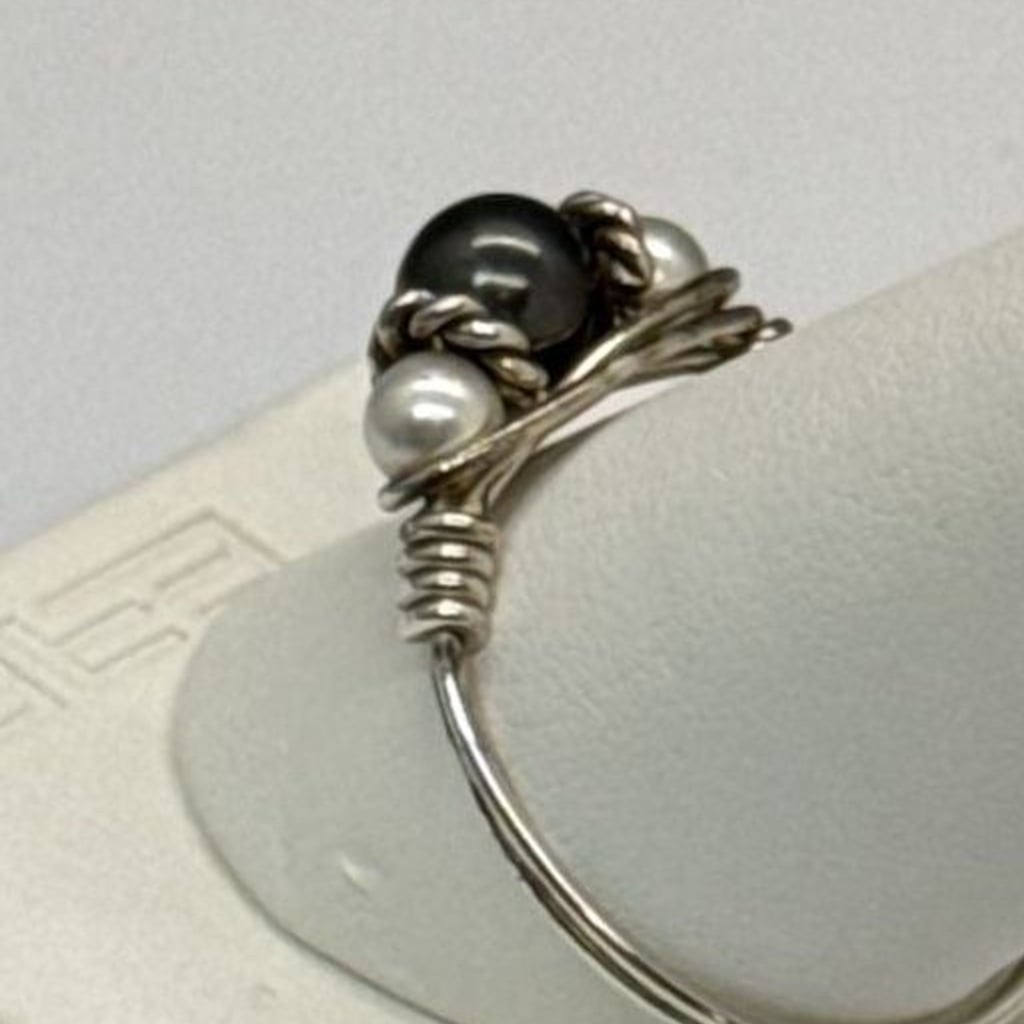 Wire Wrapped Statement Ring Dark Gray & White Faux Pearl Beads Silver Tone