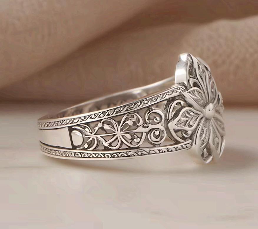 Silver Flower Ring Handmade Filigree Floral Statement Band