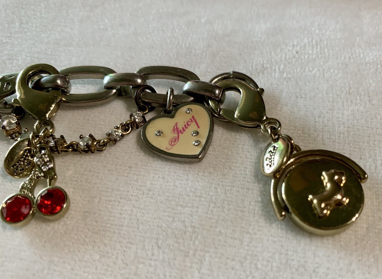 Vintage Y2K Juicy Couture Bracelet With Mixed Heart Dog Lock Charms Box Silver