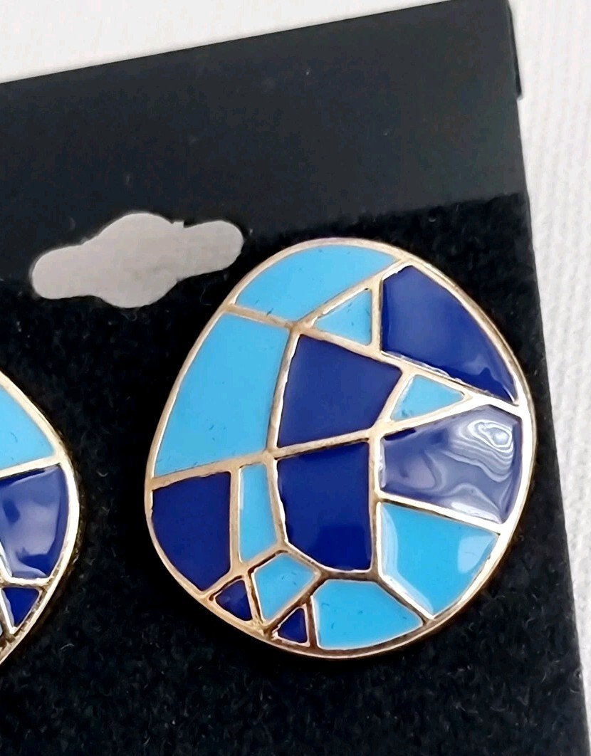 Earrings Enamel Round 2.3cm Art Deco Blue Gold Push Backs Arty Retro Party Gift