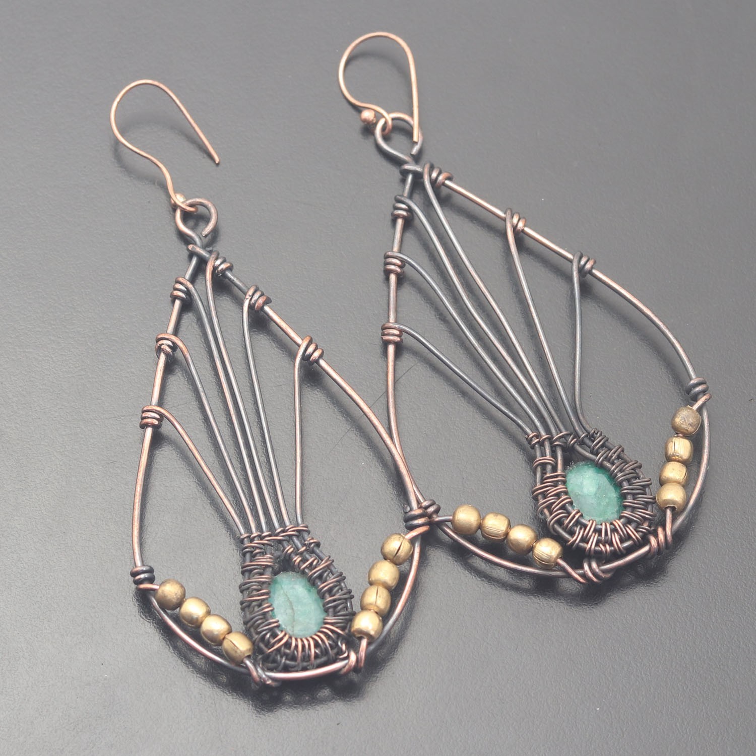 Green Zade Gemstone Copper Wire Wrapped Handmade Earring Jewelry Gift For Wife