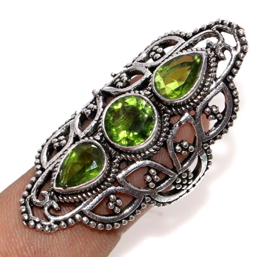 Exclusive Oval Peridot 925 Silver Plated Ring US 8.5 Party Wear Design Trendy JW