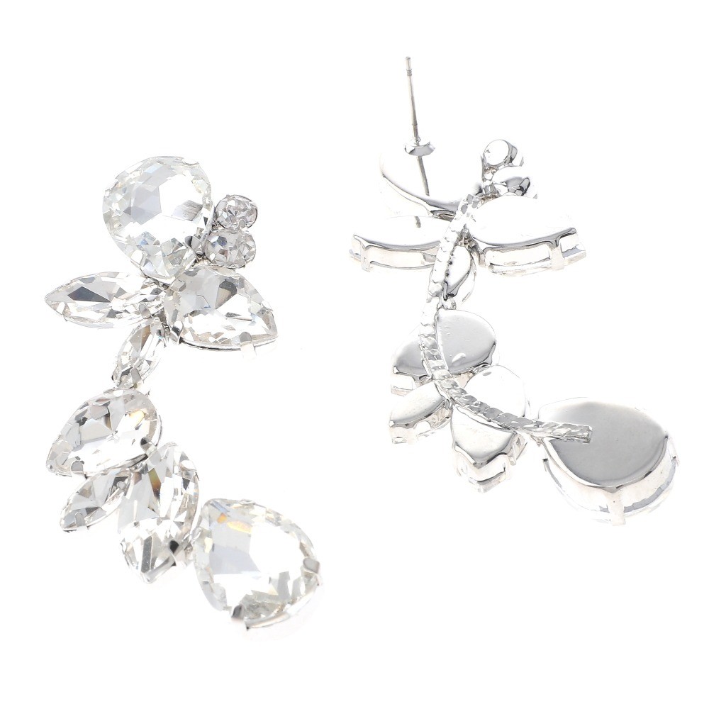 Silver Tone Metal Rhinestone Drop Post Earrings YZL051-CLR