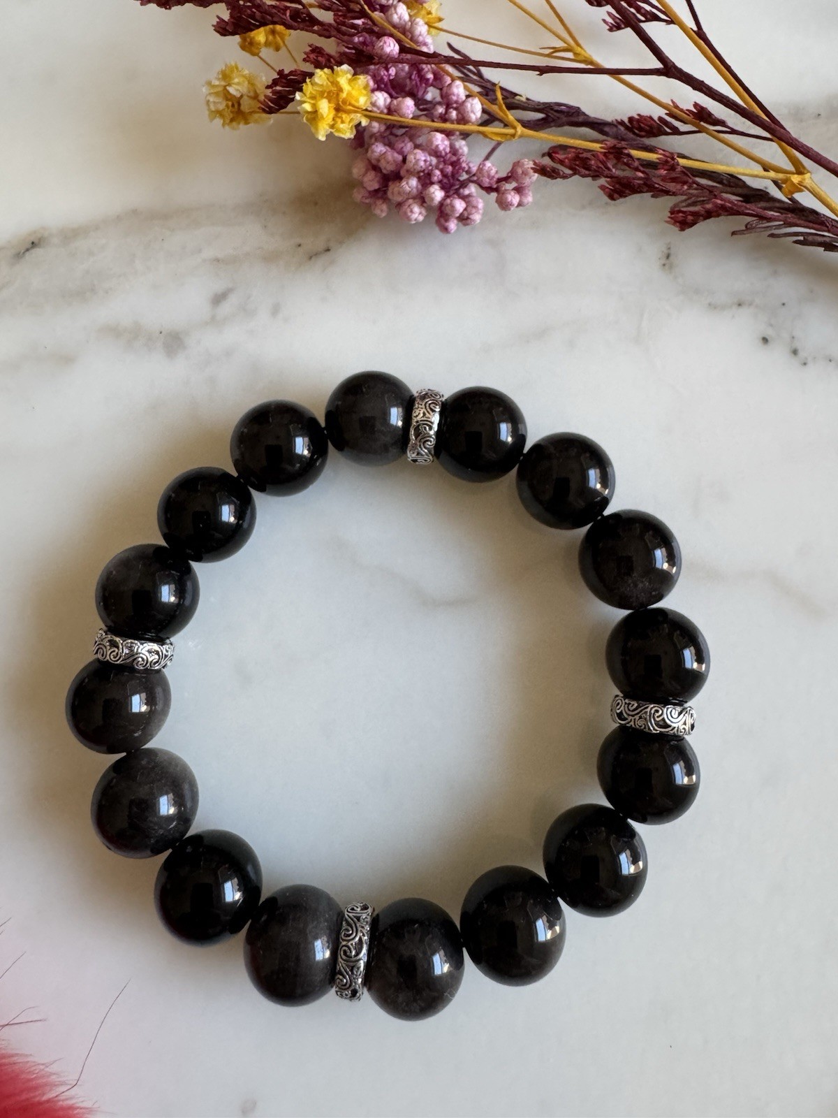 12mm Natural Silver Sheen Obsidian Bracelet