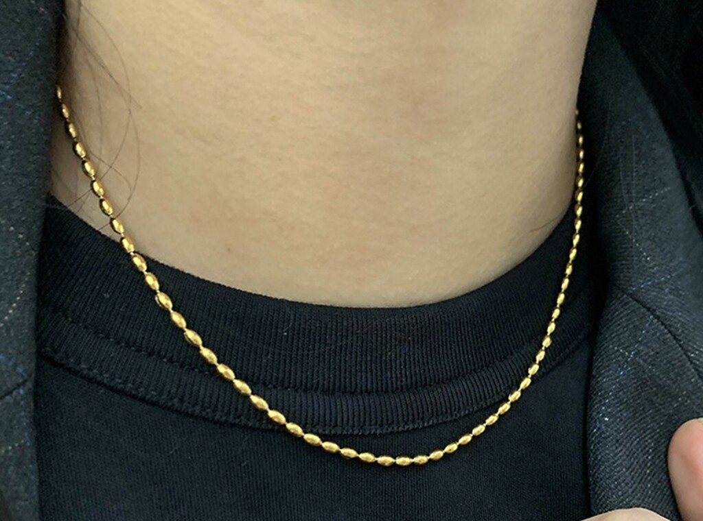 Gold Plated Titanium Stainless Steel Oval Bead Chain Choker Necklace 13.2-15″