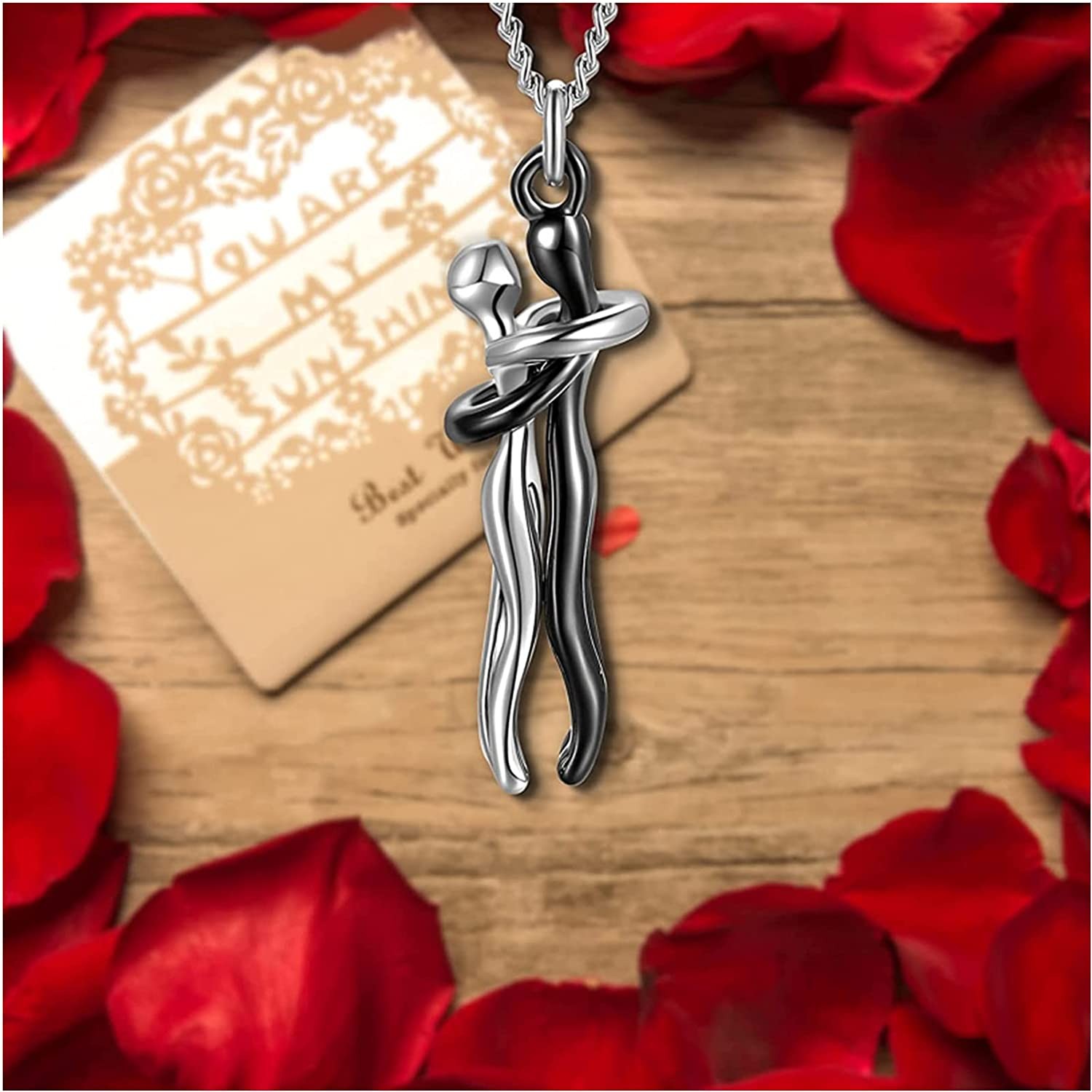 Love Hug Pendant Necklace Two Toned Affectionate Couple Hug Valentine’s Necklace
