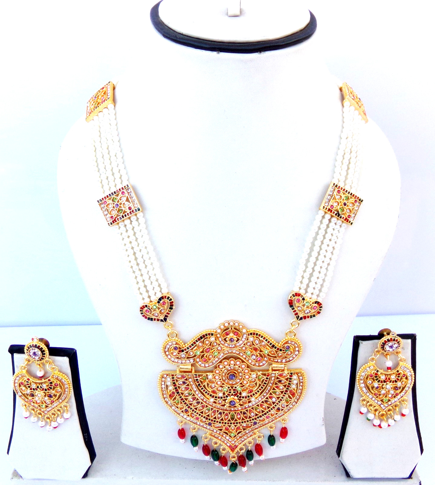 Bollywood Indian Gold Plated Pearl Fashion Long CZ Necklace Earring Jewelry Set