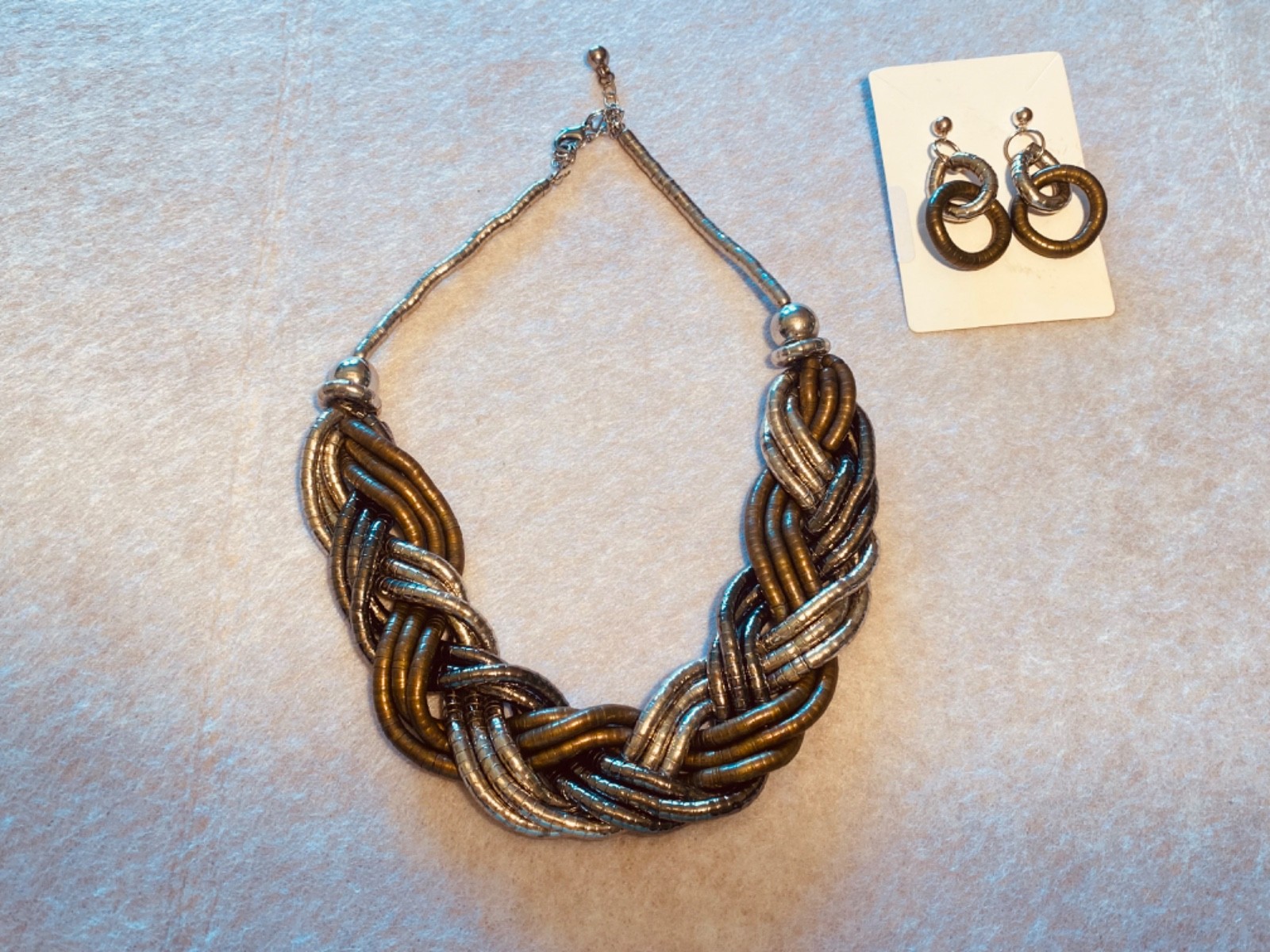 Pewter Vintage Retro Art Deco 3 Braided Necklace and Earrings Set