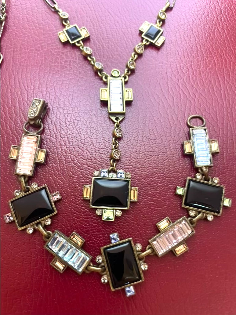 Sweet Romance USA Necklace Bracelet Set Bronze Multicolor Crystal Art Deco Style