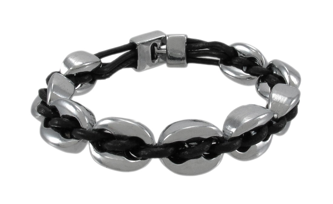Zeckos Black Leather And Chrome Marine Link Bracelet 7 Inch