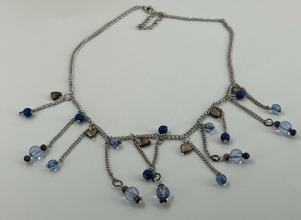 Silver Tone Blue Chandelier Choker Necklace Womens Bib Fringe Hearts Chain 17-19