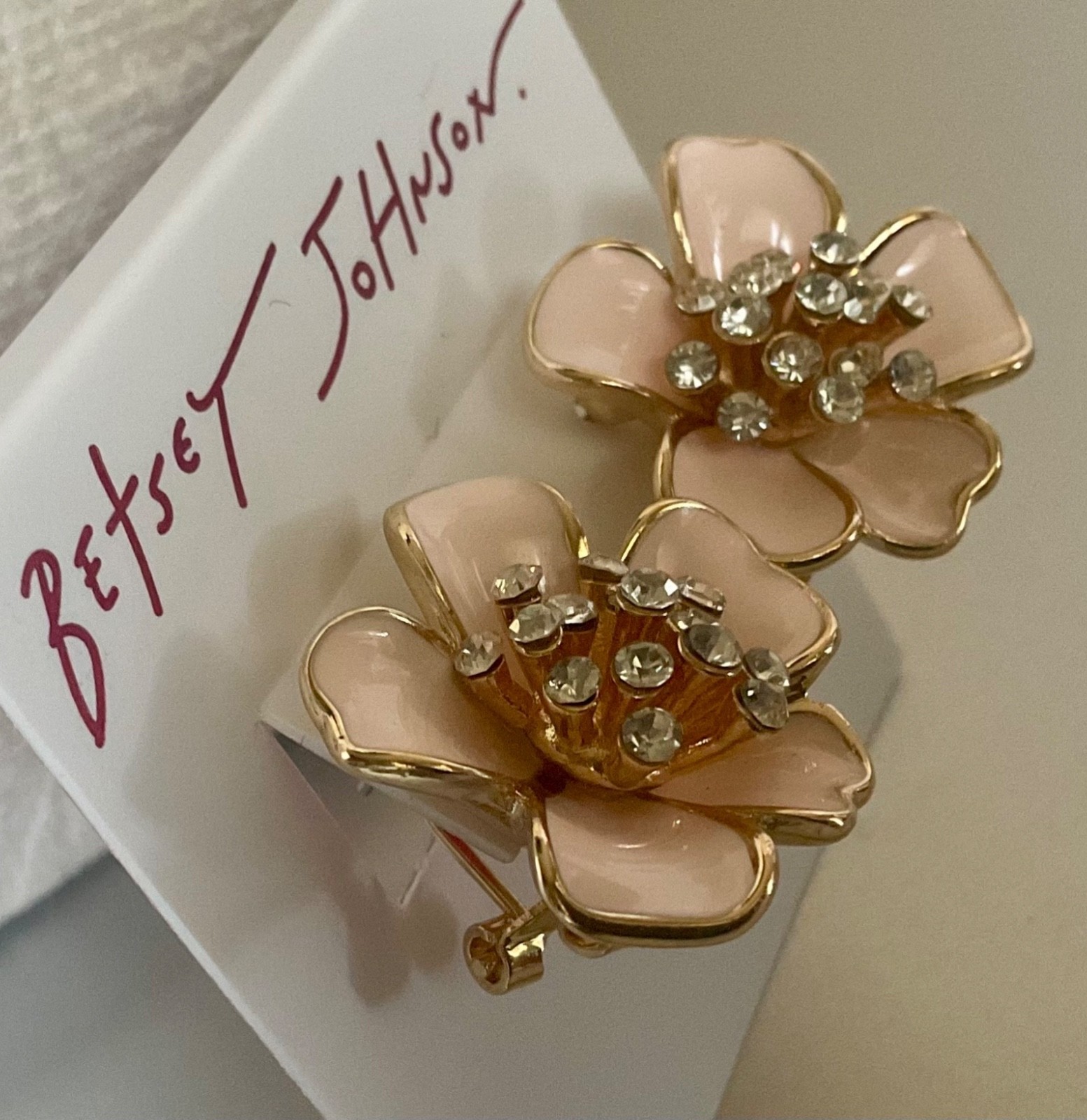 Betsey Johnson SIGNED Floral Earrings Pink Enamel & Rhinestones Omega Back