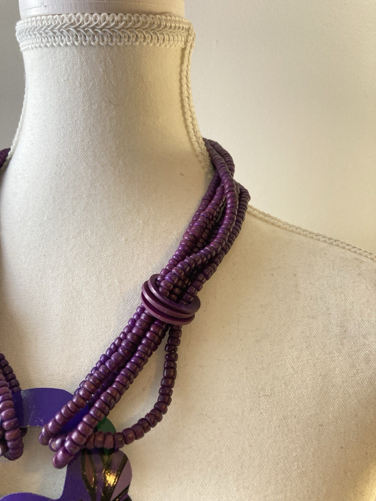 Artsy Wooden Beaded Necklace Statement Pendant Artisan Purple Hand Painted Bold