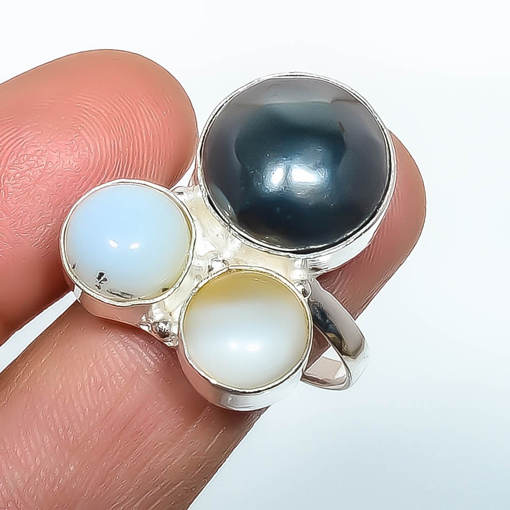 Natural Black Onyx & Moonstone – Shri Lanka 925 Silver Plated Ring s.11 TR197
