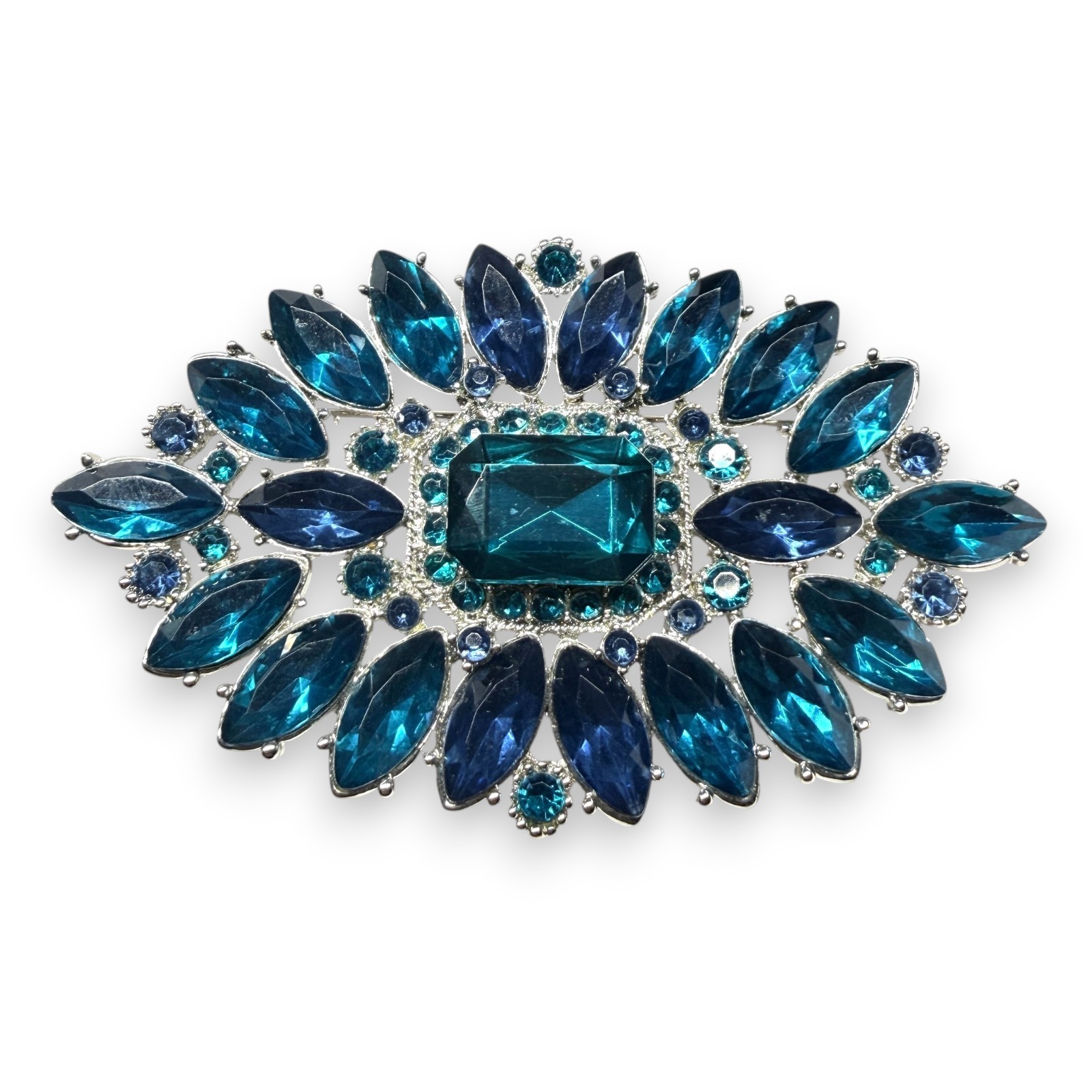 c.1990s Blue Green Rhinestone Navette Statement Brooch Pin Silver Tone 3.5in