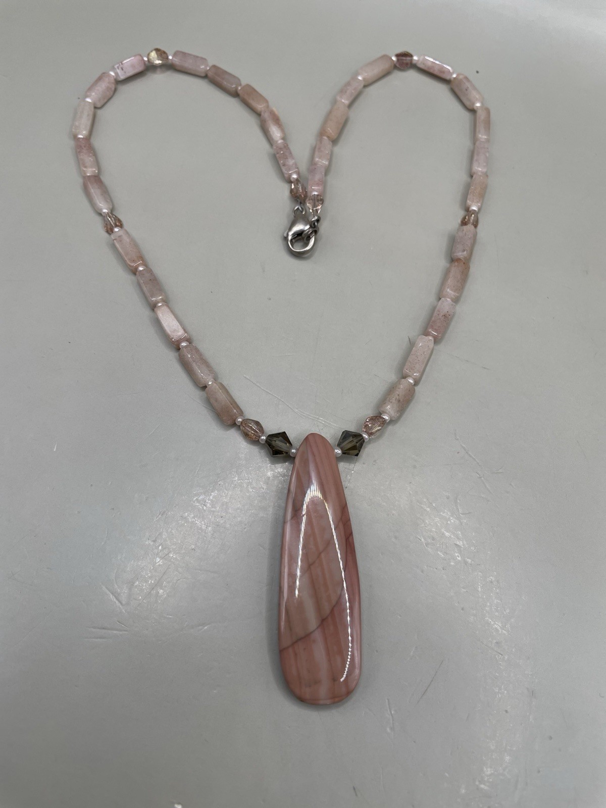 925 STERLING SILVER Closure Pink Rhodochrosite Quartz Pendant Beaded NECKLACE